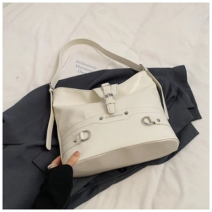 Minimalist cream white PU leather shoulder bag with buckle and silver metal D-ring
