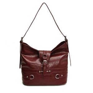 Chic dark red PU leather shoulder bag with glossy oil wax finish and silver metal buckle