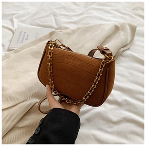 Brown crocodile pattern PU leather shoulder bag with gold chain strap and brand logo