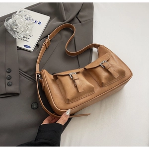 Minimalistische Vintage PU-Leder Schultertasche mit Cargo-Taschen und Schnallen