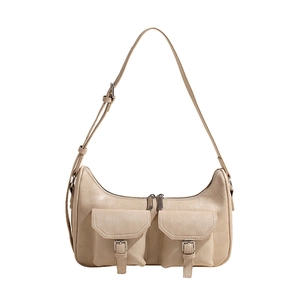 Minimalistische beige PU-Schultertasche mit Doppeltaschen und Metallschnallen