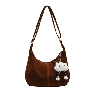 Brown semi-circle hobo shoulder bag in PU suede with a white plush cloud charm