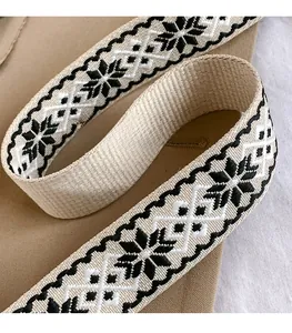 Détail de la bandoulière tissée large avec motifs géométriques noirs sur beige