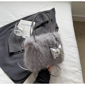 Women's Plush Faux Fur Handbag With Artificial Pearl Bowknot Pendant Elegant Soft Crossbody Bag For Casual Daily Commuting Work Shopping