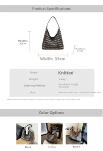 Size chart and details of the summer knitted shoulder bag with letter print pattern