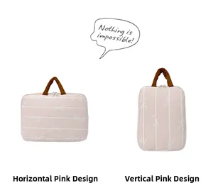 Detailed comparison of pink bow-patterned laptop bags in horizontal and vertical designs