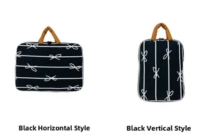 Black fabric laptop sleeve with white bow pattern in both horizontal and vertical shapes