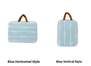 Detailed view of blue striped laptop bags with white bow patterns in both horizontal and vertical shapes