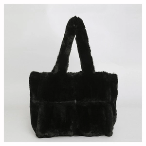 Minimalist black faux fur tote bag with quilted square texture for women