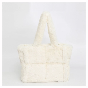 Summer trendy white plush tote bag with quilted checkered pattern and faux fur texture