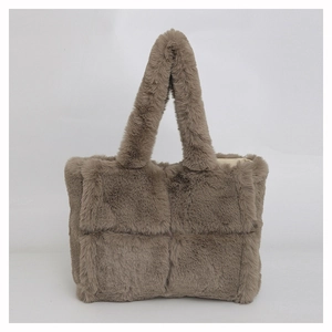 Chic taupe plush handbag with quilted design and faux fur material for summer style