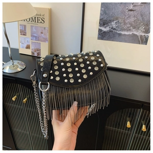 Trendy black PU crossbody bag featuring silver studs and long metal chain tassels