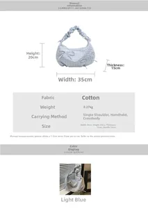 Detail view of light blue checkered fabric handbag with bow and dimension specifications