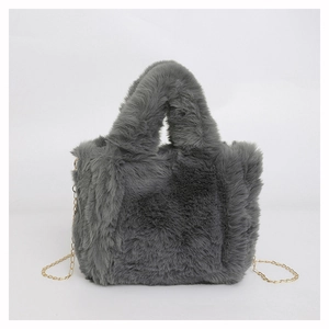 Close-up of fluffy grey faux fur handbag featuring a stylish gold metal chain strap