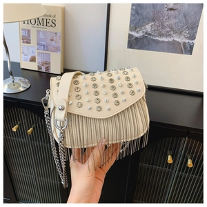 Cream PU leather crossbody bag with silver studs and long metal beaded fringe tassels