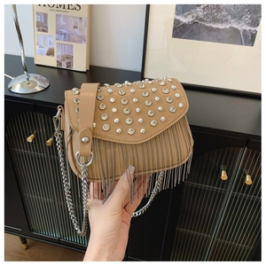 Chic light brown PU shoulder bag with silver rivet studs and metallic chain fringe