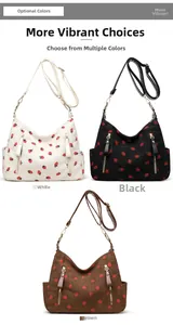 Detail of strawberry print corduroy hobo bag with front zip pockets and strap
