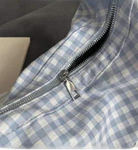 Close-up of blue and white checkered fabric with smooth silver metal zipper detail