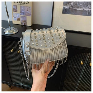 Silver PU leather handbag with metal studs and long fringe chain tassels for summer