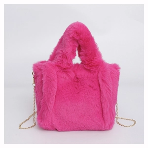 Plush faux fur rose red tote bag with golden metal chain strap for women