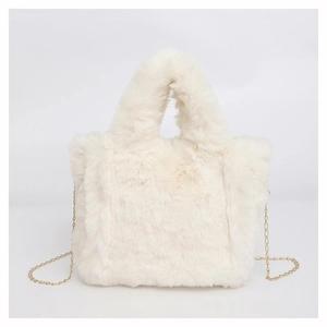 Minimalist beige plush shoulder bag with top handle and golden chain strap on white background