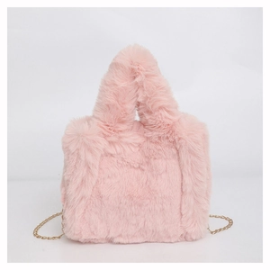 Chic pink faux fur handbag with a plush handle and an elegant gold chain strap
