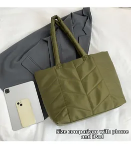 Detailed comparison showing large olive green quilted nylon tote bag size with iPad and iPhone