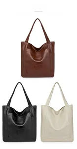 Detailed grid view showing brown, black, and white PU leather tote bags with geometric stitching