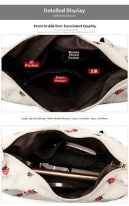 Detail view of corduroy strawberry tote interior with large capacity and zippered pockets