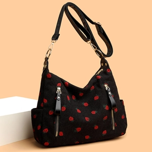 Women Strawberry Print Corduroy Shoulder Bag Large Capacity Multi Pockets Hobo Crossbody Bag Casual Sweet Travel Tote Bag