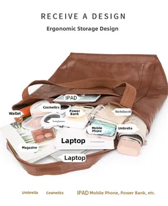 Spacious interior of brown PU tote bag showing organized storage for laptop and essentials