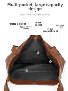 Internal layout of brown PU leather tote bag with multiple pockets and magnetic closure