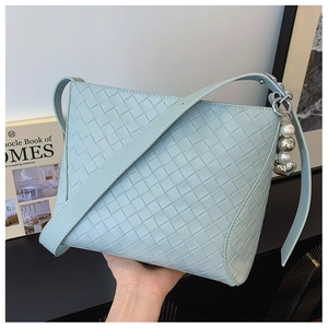 Light blue woven PU leather shoulder bag with pearl heart charm and wide strap