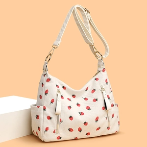 Minimalist cream corduroy strawberry print crossbody bag with multiple zip pockets