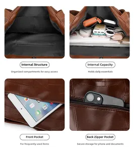 Detailed views of brown PU leather tote bag showing large capacity and zipper pockets