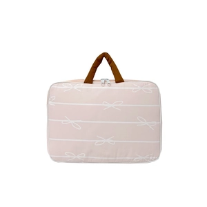 Pink striped laptop handbag with cute bow pattern and contrasting dark brown handles