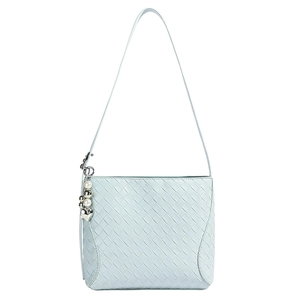 Minimalist light blue woven PU leather shoulder bag with pearl and heart pendant charm