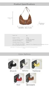 Tableau des tailles et variantes de couleurs pour le grand sac hobo en PU avec croix métal