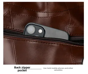 Detail of a brown PU leather shoulder bag featuring a back anti-theft zipper pocket