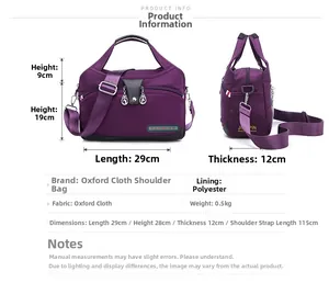 Tableau des tailles détaillé pour sac bandoulière en tissu Oxford et dimensions