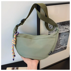 Fashionable light green nylon crescent crossbody bag with olive green wide strap