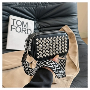 Women Fashion PU Leather Rivet Crossbody Bag Wide Geometric Strap Double Zipper Square Shoulder Bag Small Camera Bag