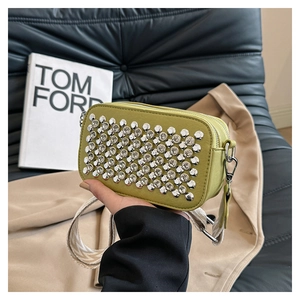 Olive green PU leather crossbody bag with rhinestone decoration and woven strap
