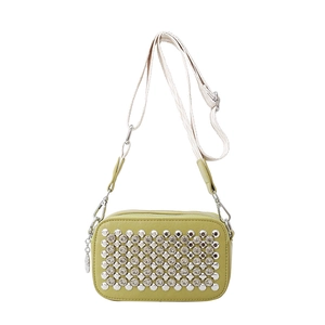 Olive green PU leather crossbody bag with silver studs and adjustable canvas strap