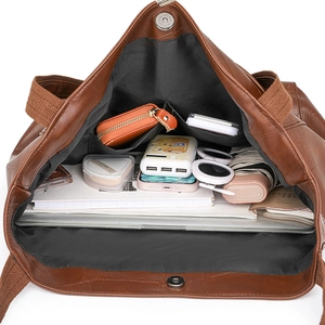 Deep brown PU leather tote bag with large capacity for 14-inch laptop and daily essentials