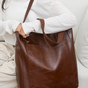 Simple Urban Women PU Leather Geometric Patchwork Tote Bag Large Capacity Shoulder Handbag Daily Office Commute Fashion Bag