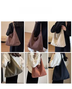 Detailed views of high-quality suede tote bags in various retro colors for fall and winter