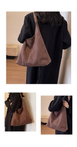Three lifestyle shots of a large dark brown suede tote bag styled with a black winter coat