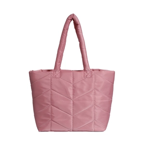 Summer stylish pale pink quilted nylon tote bag with V-shaped stitching and padded handles