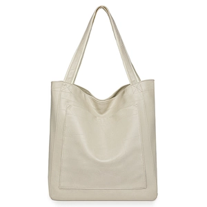 Minimalist cream PU leather tote bag with geometric embossed pattern and dual straps